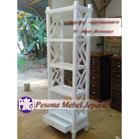 Rak Buku Silang Laci 1 Cat Duco White Kayu jati 