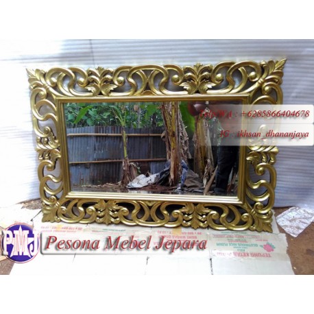 Frame atau Bingkai atau Pigura Cermin Ukir Lung Kelapa warna gold Kayu Jati