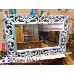 Frame atau Bingkai atau Pigura Cermin Ukir Lung Kelapa Warna Silver Kayu Jati