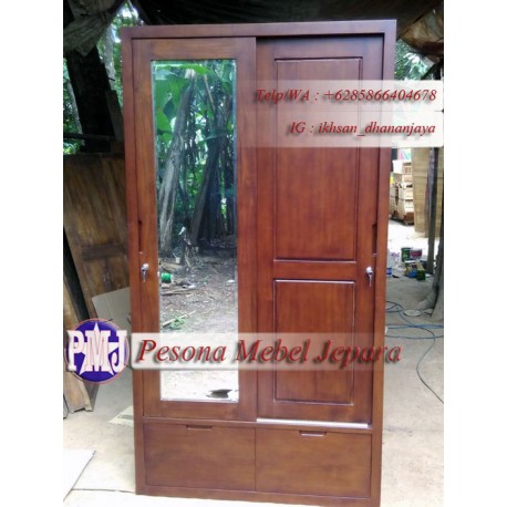 Wardrobe atau Lemari Pakaian Minimalis Pintu Sliding Laci 2 Kayu Jati Pesona Mebel Jepara