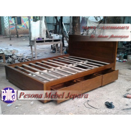 Dipan atau Ranjang Minimalis Laci 3 Kayu Jati Ukuran 160 cm Pesona Mebel Jepara