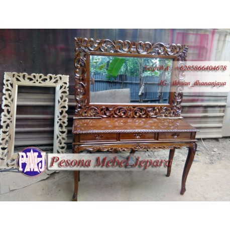 Set Meja Konsul Ukir Laci 3 dan Pigura Cermin Ukir Waru Natural