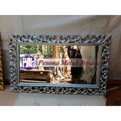 Bingkai atau Frame atau Mirror atau Pigura Cermin Ukir Waru Kuncup Silver Kayu Jati.