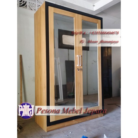 Wardrobe atau Lemari Pakaian Gantung Minimalis Pintu 2 Kaca Kayu Jati Pesona Mebel Jepara