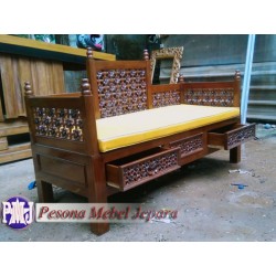 Bangku atau Sofa atau Bale-bale Kayu Jati Ukiran Seribu Bunga Pesona Mebel Jepara