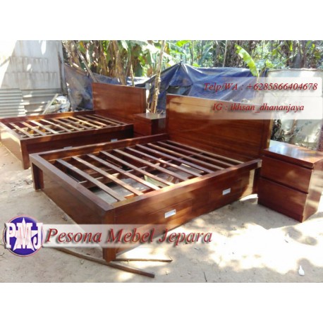 Dipan atau Ranjang Minimalis Kayu Jati Laci 4 Ukuran 160x200 cm Pesona Mebel Jepara