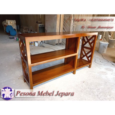 Rak Buku, Rak Sepatu, Rak Serbaguna Motif Silang Kayu Jati Pesona Mebel Jepara.