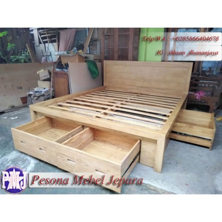 Ranjang atau Dipan Minimalis Laci 4 Jumbo Ukuran 180x200 cm Kayu Jati Pesona Mebel Jepara