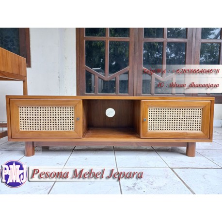 Bufet TV Minimalis Rotan atau Meja TV Rotan kayu Jati Pesona Mebel Jepara