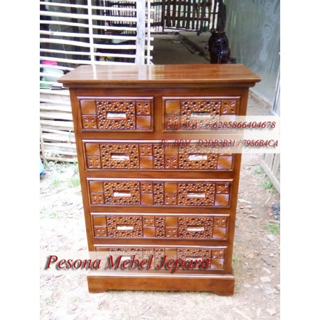 Drawers 6 Minimalis Meteor, Nakas Laci 6 Ukir Meteor Kayu Jati