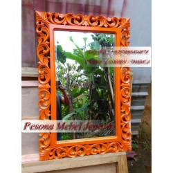Bingkai, Frame, Pigura Cermin Ukir Waru Warna Orange Ukuran 120 cm Kayu Jati