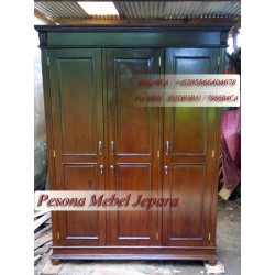 Wardrobe, Lemari Pakaian Minimalis Kayu jati Pintu 3 Kaki Bola